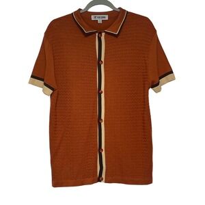 Stacy Adams Knit Button Retro Brown Short Sleeve Textured Shirt Men's M
